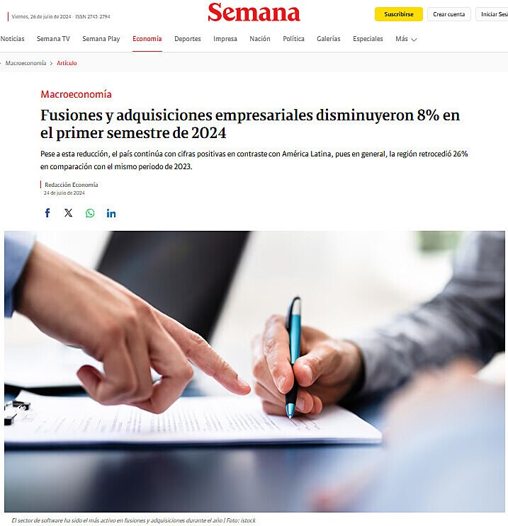 Fusiones y adquisiciones empresariales disminuyeron 8% en el primer semestre de 2024